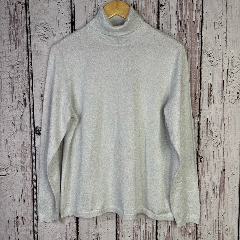 Chico’s 2 Large Metallic Turtleneck Pullover‎ Sweater Silver Glitter Rayon Blend